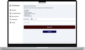analyst report generator feature of the financier web app displayed on a laptop screen
