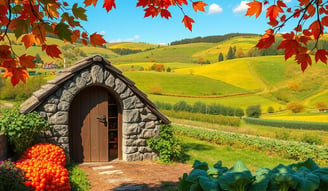 Countryside scene featuring a rustic root cellar nestled among rolling hills.