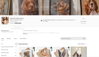 A snapshot showing the homepage of Alex Goddard's Etsy shop
