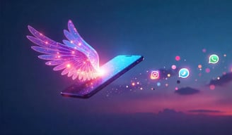 A smartphone flying with Instagram, Facebook, and WhatsApp icons trailing like fairy dust