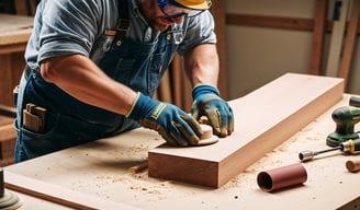 A woodworker wearing safety goggles and gloves, working on sanding a wooden piece.