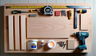 A flat lay of woodworking materials and tools neatly arranged on a clean wooden surface.