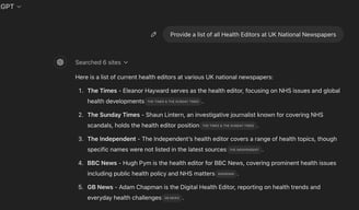 ChatGPT response to 'Provide a list of all Health Editors at UK National Newspapers'