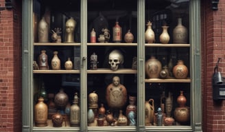 A storefront with various vintage and collectible items displayed. The signage includes a neon sign for a coin and precious metal buying establishment. There is an 'open' sign on the door, which is surrounded by various advertisements and posters. The window features a row of decorative figurines and collectibles.