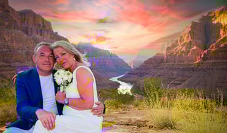wedding couple at the grand canyon with the colorado river behind them