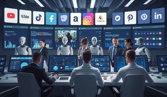 "Realistic scene of a smart ad automation team featuring professional humans and AI robots working together in a high-tech di