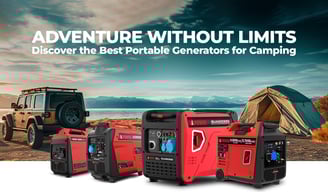 AiPower portable generators at a campsite with a Jeep and tent by a lake