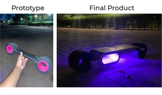 Prototype and final Dyson Bladerunner photographed at night with LED illumination and sleek body.