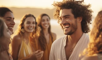 a group of friends gathering around newlyweds on a beach in Southwest Florida