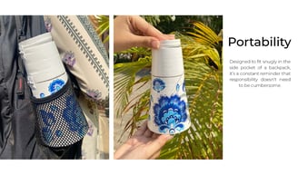 Blue Elegance dustbin shown fitting in a backpack and held outdoors to highlight portability.