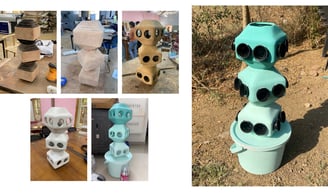 Progress photos of Herb Harmony prototype from carved wood form to final painted hydroponic model.