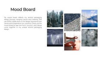 Alcohol packaging mood board with cobblestones, nature, and storm elements for design inspiration.