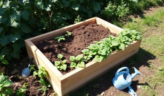 Potato box setup in a lush garden, showcasing wooden planks stacked for elevation.