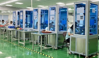 a factory floor with a lot of people working on machines
