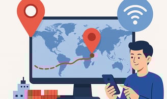 Illustration of a man using a smartphone to track a cargo ship in real-time, with a digital world map on a monitor, red route