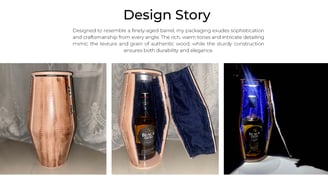 Copper-toned whiskey packaging styled like a barrel with velvet-lined interior.