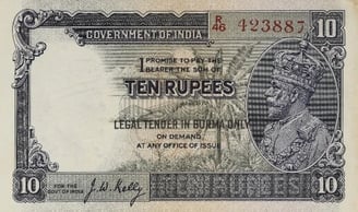 King George V Legal Tender Burma Overprint 10 Rupee Banknote
