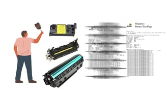 Illustration of cleaning a laser printer's internal components, including rollers and drum, to fix p