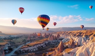 Cappadocia's chimney-rock formations as hot air balloons glide over.