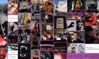 A collage of images of an actress, red carpet, werewolves, and a talk show set.