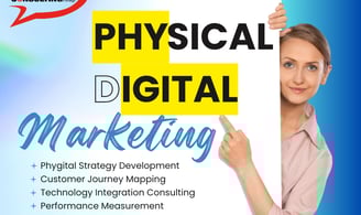 a woman holding a sign that says physical digital marketing