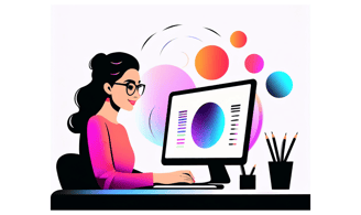 a woman sitting at a desk with a computer monitor and a computer