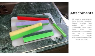 Set of SwiftScrub attachments including sponge, viper, and silicon brush on white cutting board.