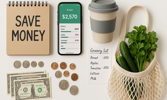 Close-up still life on a light surface, showcasing items related to saving and financial management. A light cardboard notepa