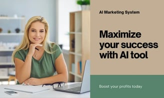 a woman sitting at a desk with a laptop and a text saying the affiliate system AI tool