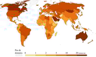 Carte des émissions de CO2 par habitant et par pays, avec les changements d'utilisation du sol