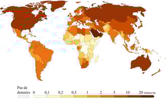 Carte mondiale des émissions de CO2 liées aux énergies fossiles par habitant et par pays