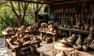 A rustic pottery workshop surrounded by wild nature, featuring an assortment of clay pots and tools