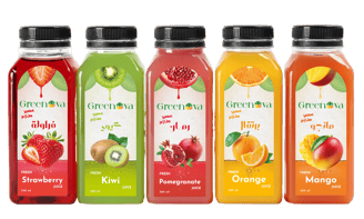 Greenova juice a variety of juices in a variety of colors