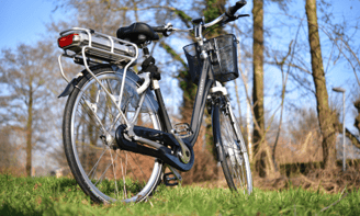 a bicycle parked in a grassy area