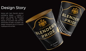 Premium paper cup packaging for Blender’s Pride with black and gold hill-inspired design.