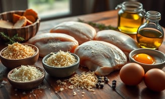 a table with eggs, chicken, and cheese
