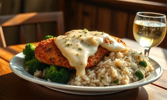 Parmesan dark Crusted Chicken with Creamy Garlic Sauce on top with green bebroccili and rice pilaf
