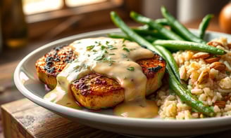 Parmesan dark Crusted Chicken with Creamy Garlic Sauce on top with green beans and rice pilaf as th