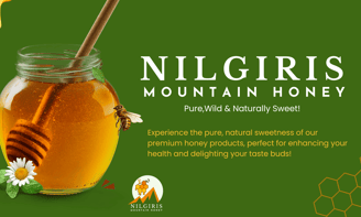 a  gold jar of honey with a honeycomb honey bee in green background nilgiris mountain for skin glow