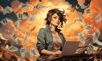 woman typing on a laptop, money flitting in the air, sunset backdrop