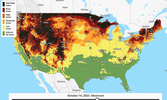 Screenshot of interactive map from Explore Fall showing October 14, 2023. For static image link on WeatherSources Fall page.