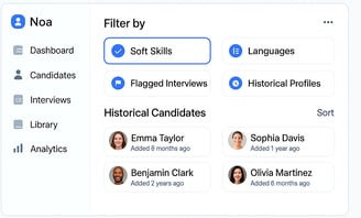 AI dashboard with candidate filters and profiles, showing soft skills, languages, and interview insights.