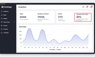 Clean screenshot of Hostinger's analytics dashboard, highlighting sales, orders, and average order v