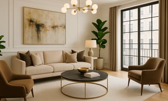 a living room with a couch and chairs