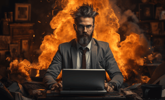 man wearing a suit, working on a laptop, looking at the camera, with fire in the background