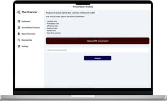 annual report analysis feature of the financier web app displayed on a laptop screen