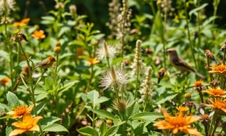 A vibrant food forest ecosystem showcasing natural pest control, featuring a diverse array of benefi