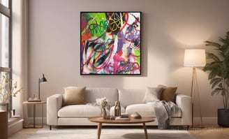 Sala com quadro na parede, estilo arte urbana.