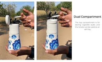 Top compartment of Blue Elegance dustbin used to store cigarette butts and as an ashtray.