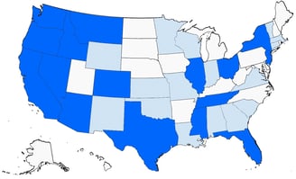 a map of the usa, with the locations Mango can service highlighted in blue
